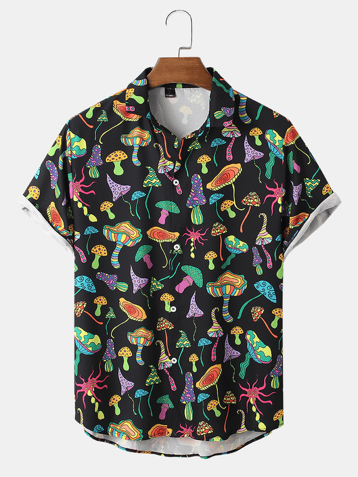 Mens Cartoon Colorful Mushroom Print Lapel Short Sleeve Shirt - MRSLM