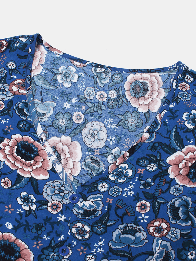 Flower Button Drawstring V-Neck Short Sleeve Print Dress for Women - MRSLM