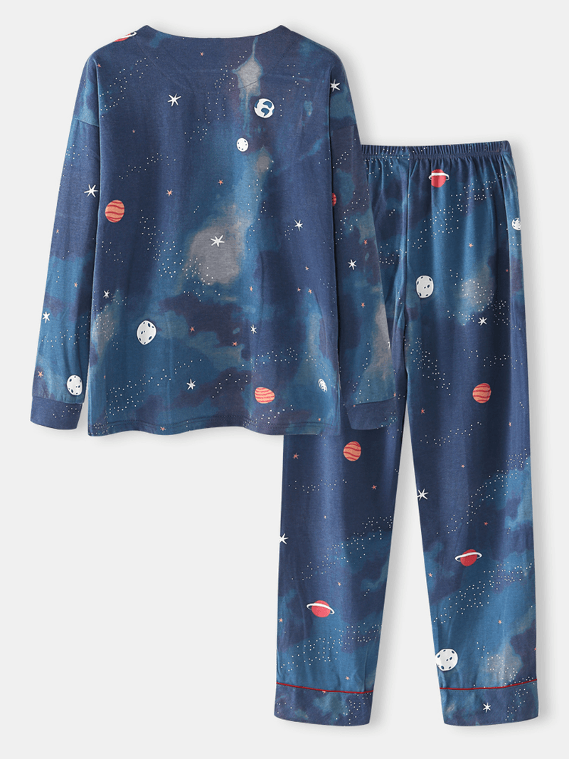 Women Starry Sky Print Cute Pullover Loose Elastic Waist Cartoon Home Pajama Set - MRSLM