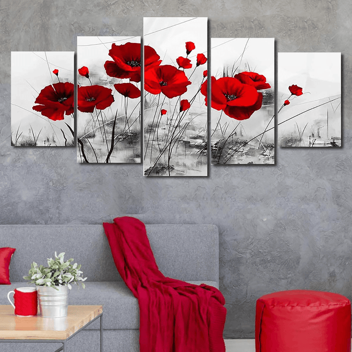 5Pcs Modern Wall Canvas Painting Red Blue Purple Ink Poppy Flower Home Decoration - MRSLM