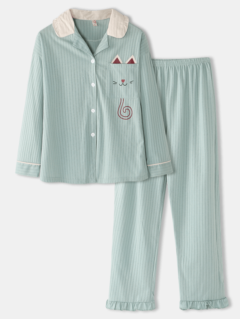 Women Cartoon Cat Pocket Knitted Long Sleeve Loungewear plus Size Home Cotton Pajamas Sets - MRSLM