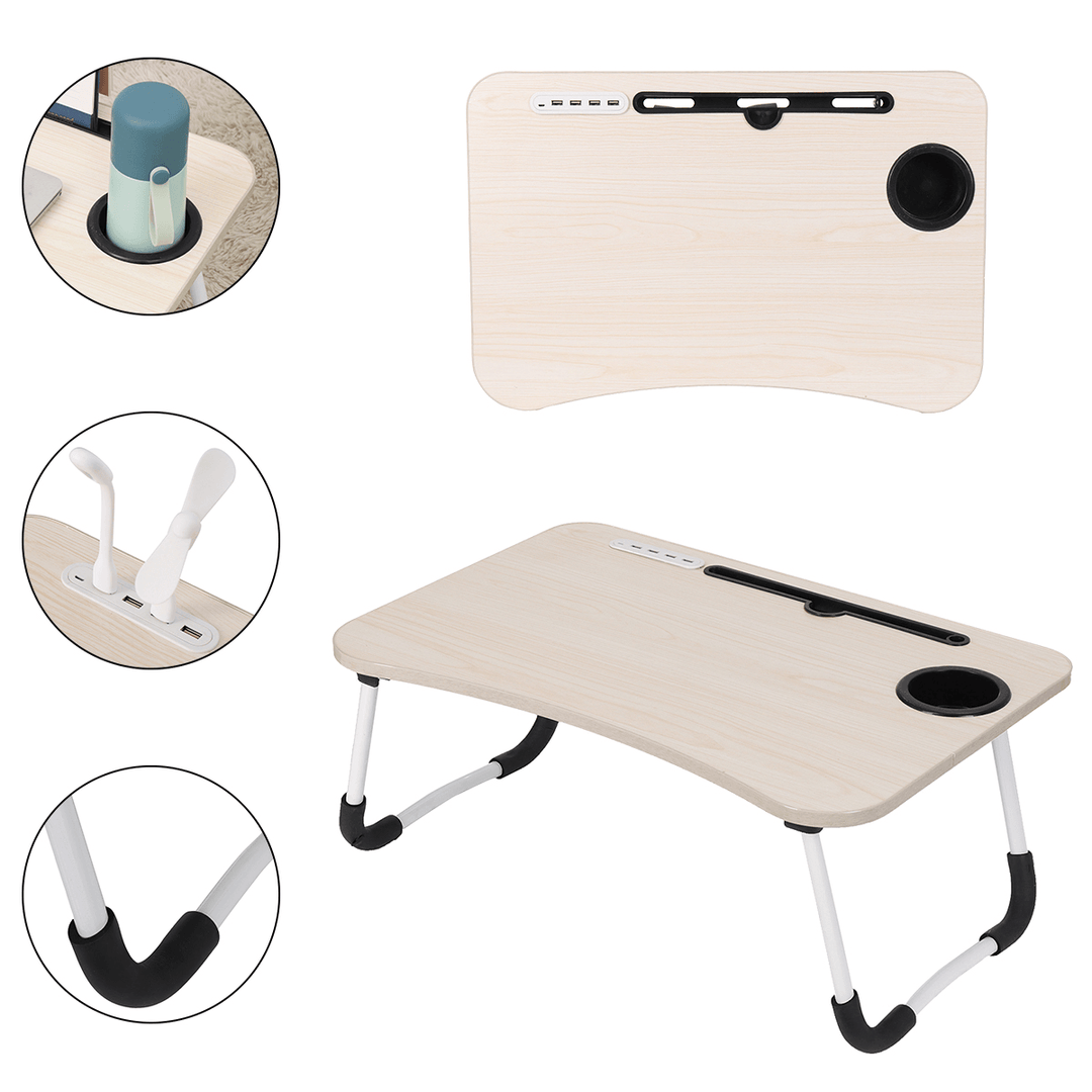 Wooden Laptop Stand Bed Table Laptop Heightening Stand with USB Ports Fan and Lamp for Bedroom Office - MRSLM