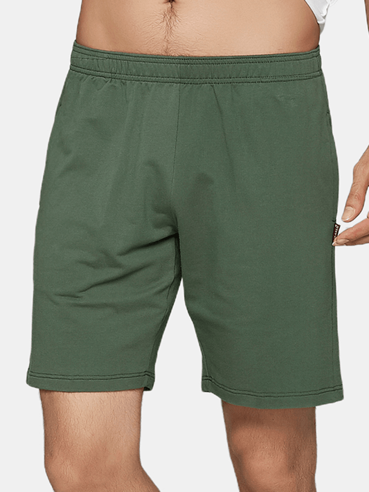 Men Cotton Casual Solid Color Pocket Elasticated Waist Drawstring Sleepwear Shorts - MRSLM