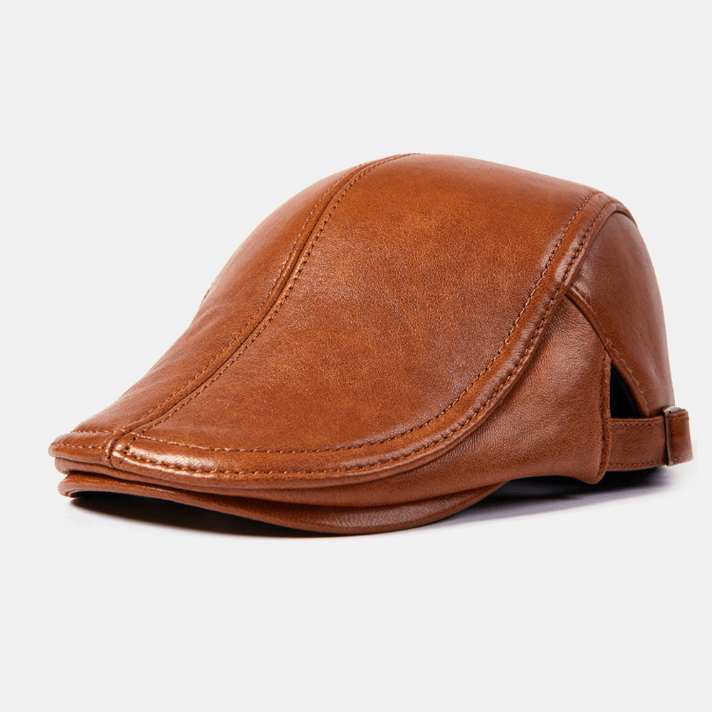Men Genuine Leather Retro Casual Solid Keep Warm Winter Forward Hat Beret Hat - MRSLM