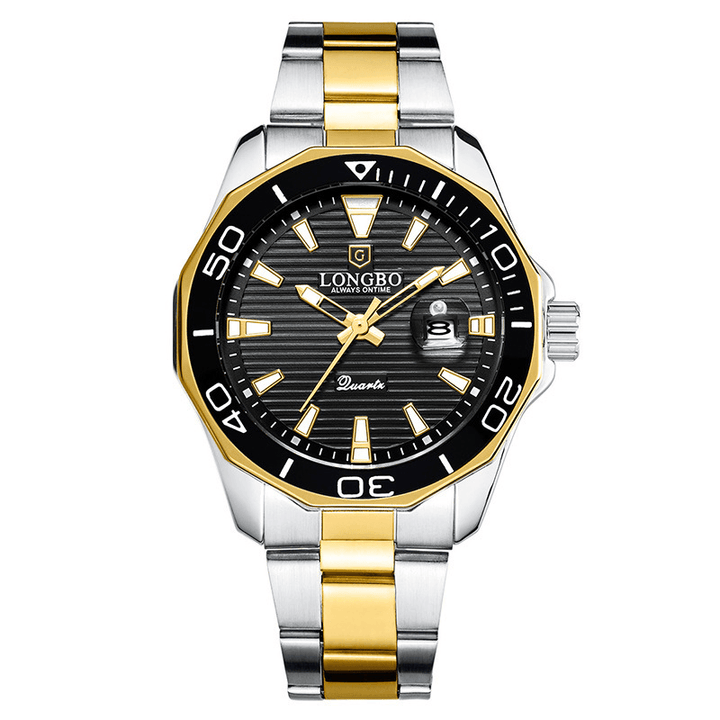 LONGGO Business Fashion Luminous Display Calendar Steel Band 3ATM Waterproof Men Wristwatch Quartz Watch - MRSLM