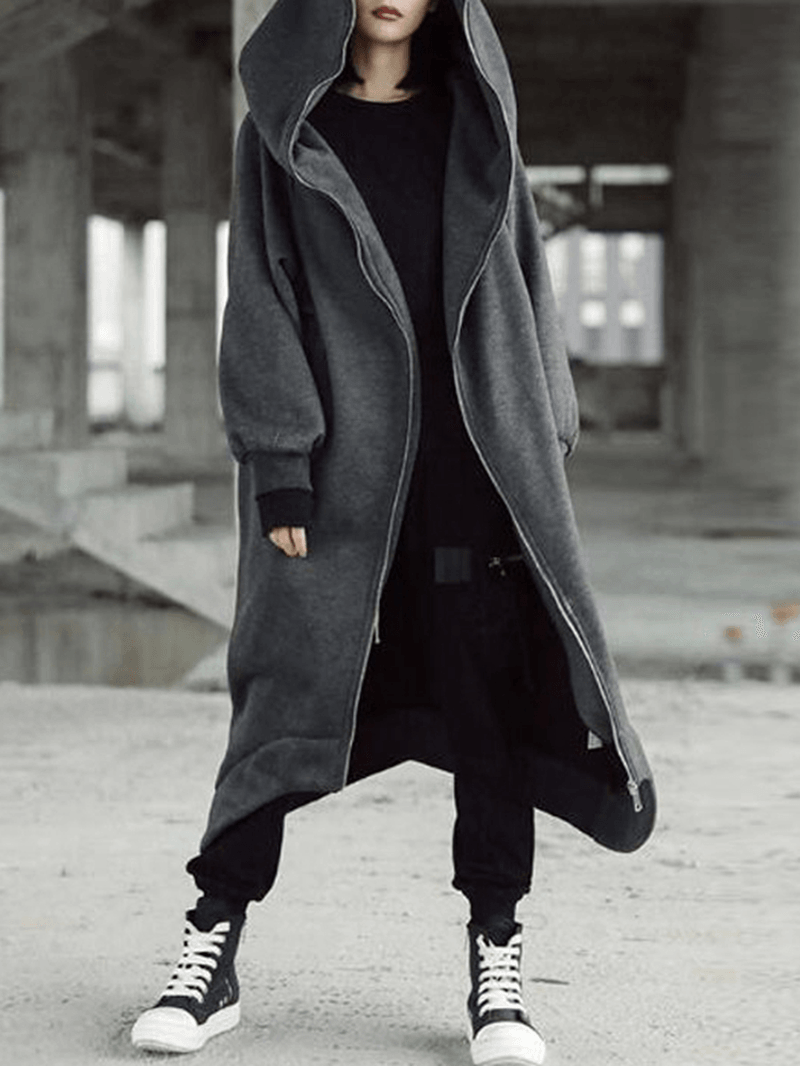 Women Causal Hoodies Hooded Long Coats Zipper Asymmetric Jackets - MRSLM