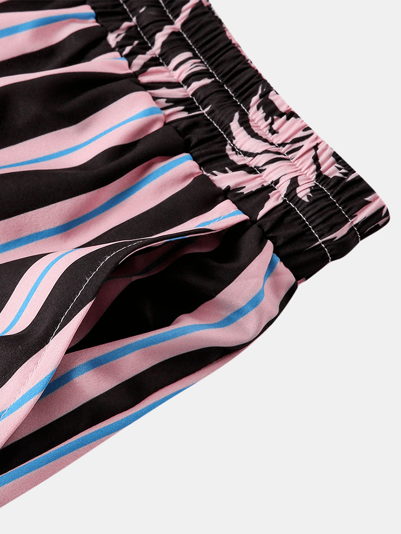 Men Coconut Tree Colorful Stripe Mixed Print Casual Shorts - MRSLM