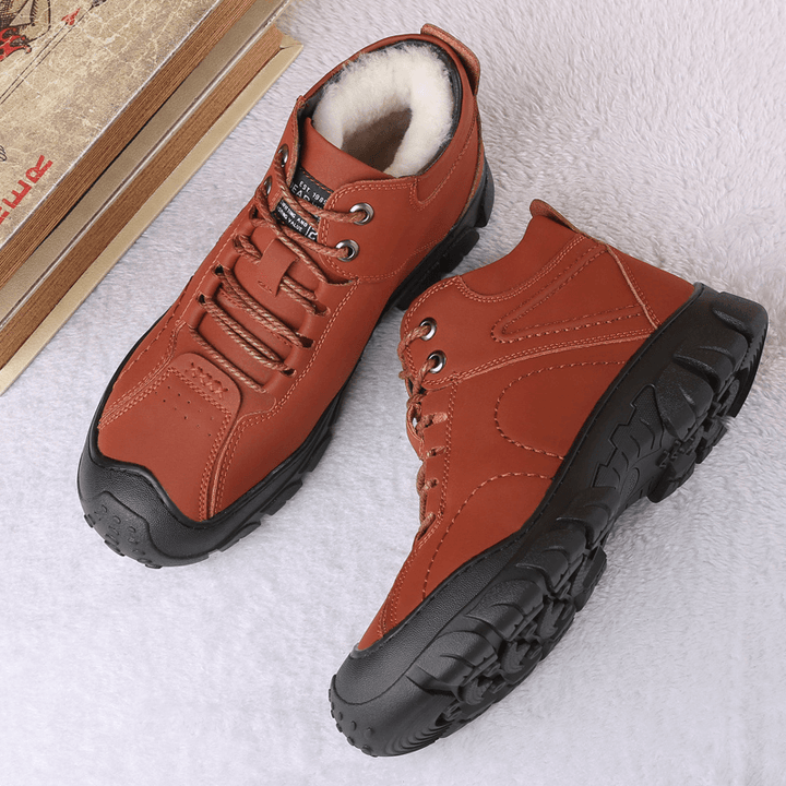Men Cowhide Protect Toe plus Velvet Thicken Fleece Lining Warm Comfy Snow Boots Hiking Boots - MRSLM