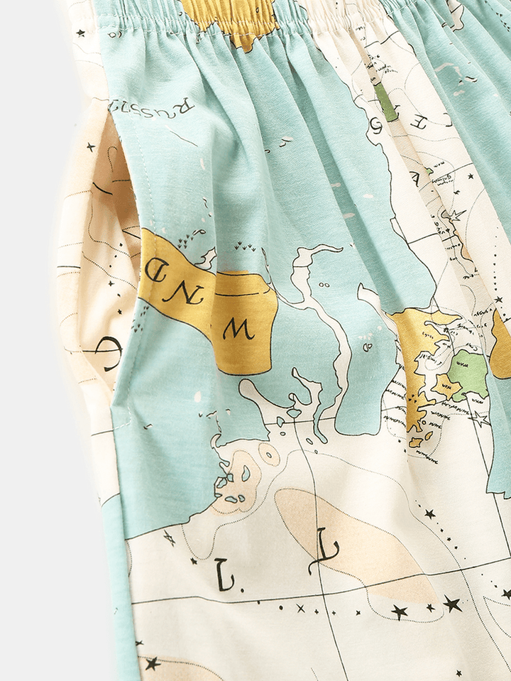 Women World Map Print round Neck Elastic Waist Jogger Pants Home Pajamas Set - MRSLM