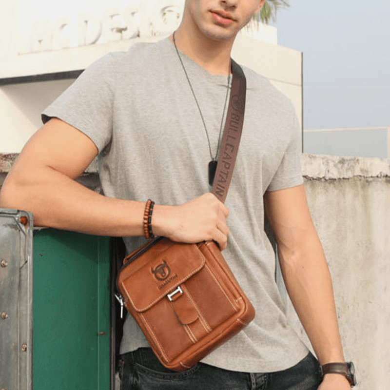 Bullcaptain Men Genuine Leather Multifunction Anti-Theft Multi-Layers Casual Crossbody Bag Shoulder Bag - MRSLM