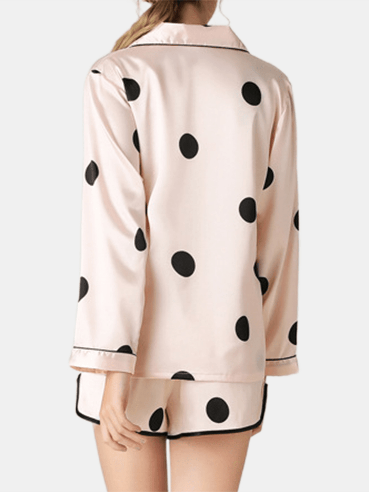 Women Polka Dot Lapel Collar Pink Faux Silk Long Sleeve Loose Pajama Set - MRSLM
