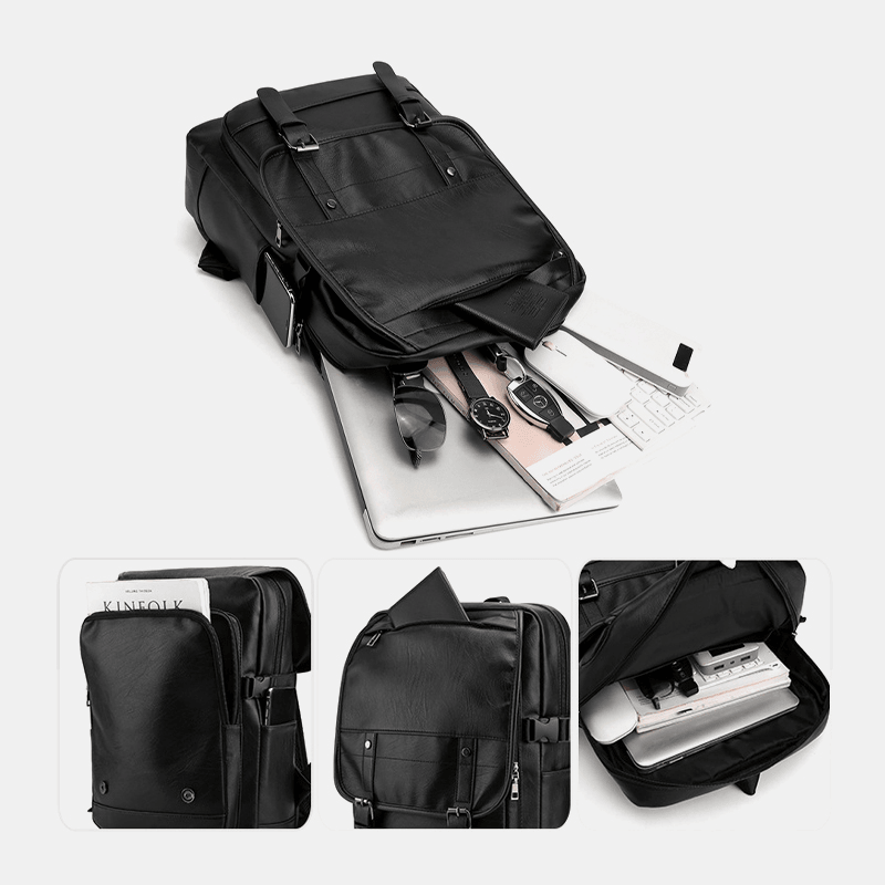 Men PU Leather Multi-Pocket Backpack Casual Travel Large Capacit Laptop Bag Shoulder Bag - MRSLM
