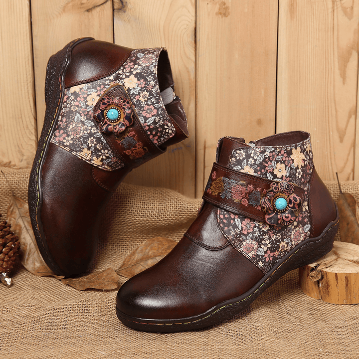 Retro Small Flowers Colorful Stitching Soft Leather Boots - MRSLM