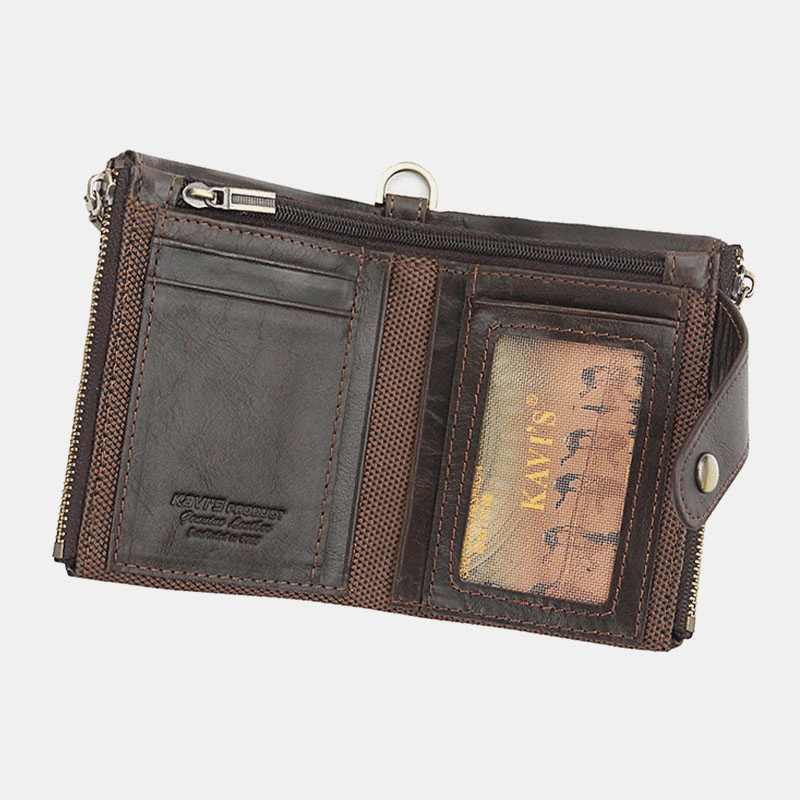 Men Genuine Leather Multi-Slot Retro Business Fashion Leather Card Holder Wallet with Chain - MRSLM