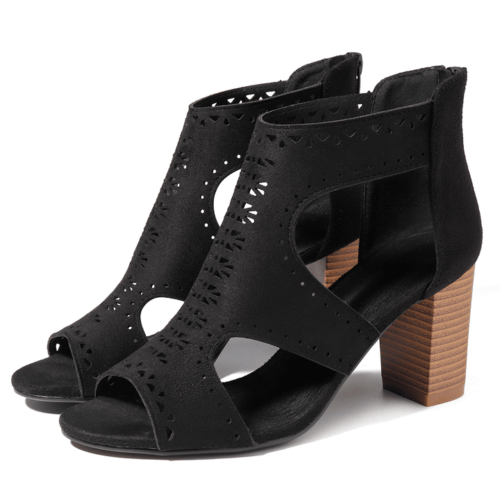 Hollow Out Solid Color Chunky Heel Pumps - MRSLM