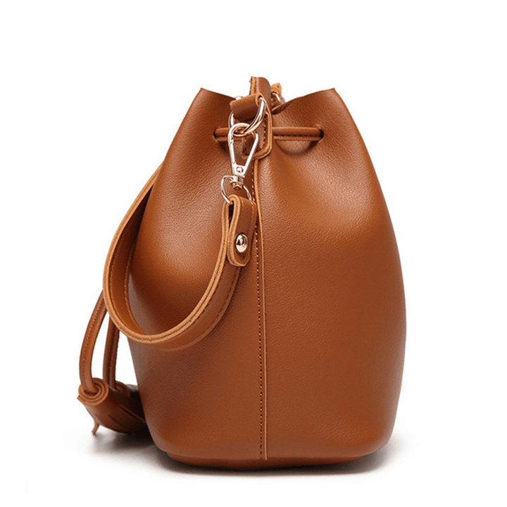 Women PU Leather Drawstring Bucket Bags Retro Tassel Shoulder Bags Crossbody Bags - MRSLM