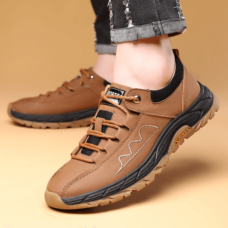 Men Cowhide Breathable Splicing Non Slip Comfy Soft Sole Casual Sports Shoes - MRSLM