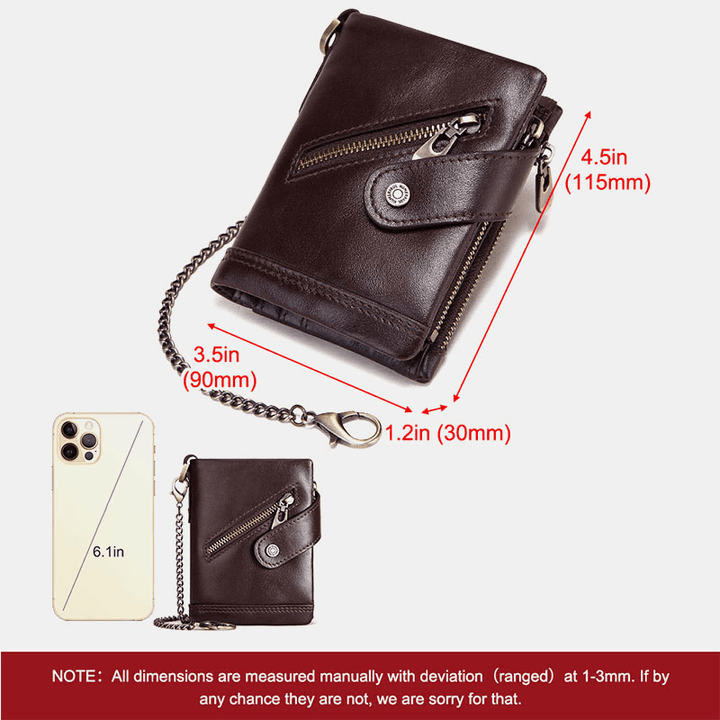 Men Genuine Leather Cowhide RFID Anti-Theft Retro Zipper with Chain Card Holder Wallet - MRSLM