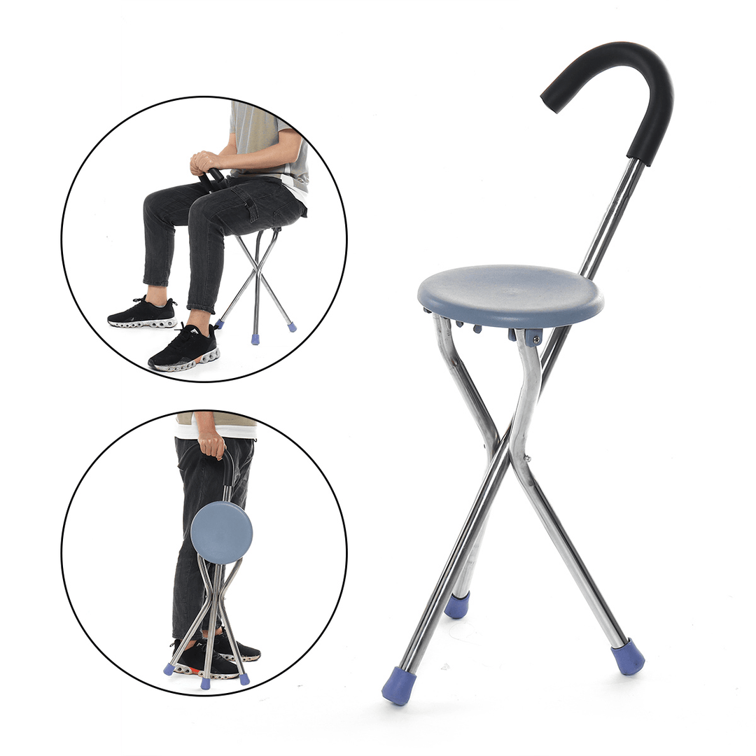 Stainless Steel Folding Tripod Cane Hiking Chair Portable Walking Stick with Seat - MRSLM