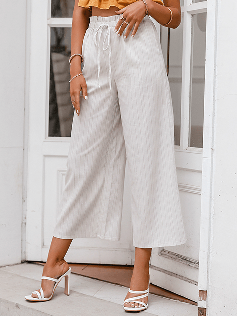 Striped Print Knotted Pocket Loose Casual Cropped Pants - MRSLM