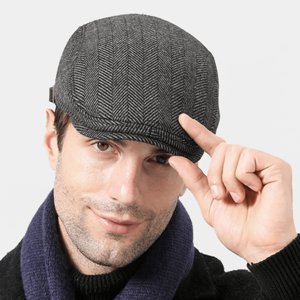 Men Autumn Winter Warm Herringbone Berets British Retro Adjustable Newsboy Hat Forward Hat - MRSLM