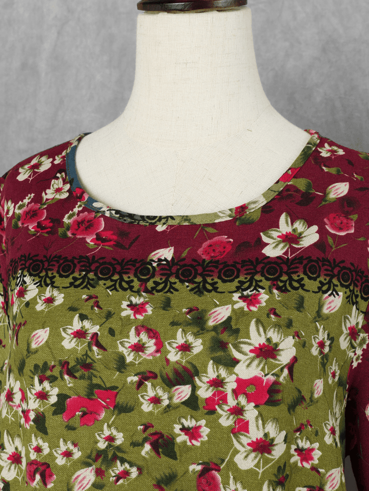 Women Casual Loose Cotton Floral Print Short Sleeve Dress - MRSLM