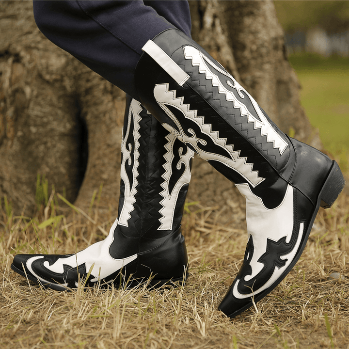 Plus Size Women Pointed Toe Pattern Slip on Chunky Heel Cowboy Boots - MRSLM