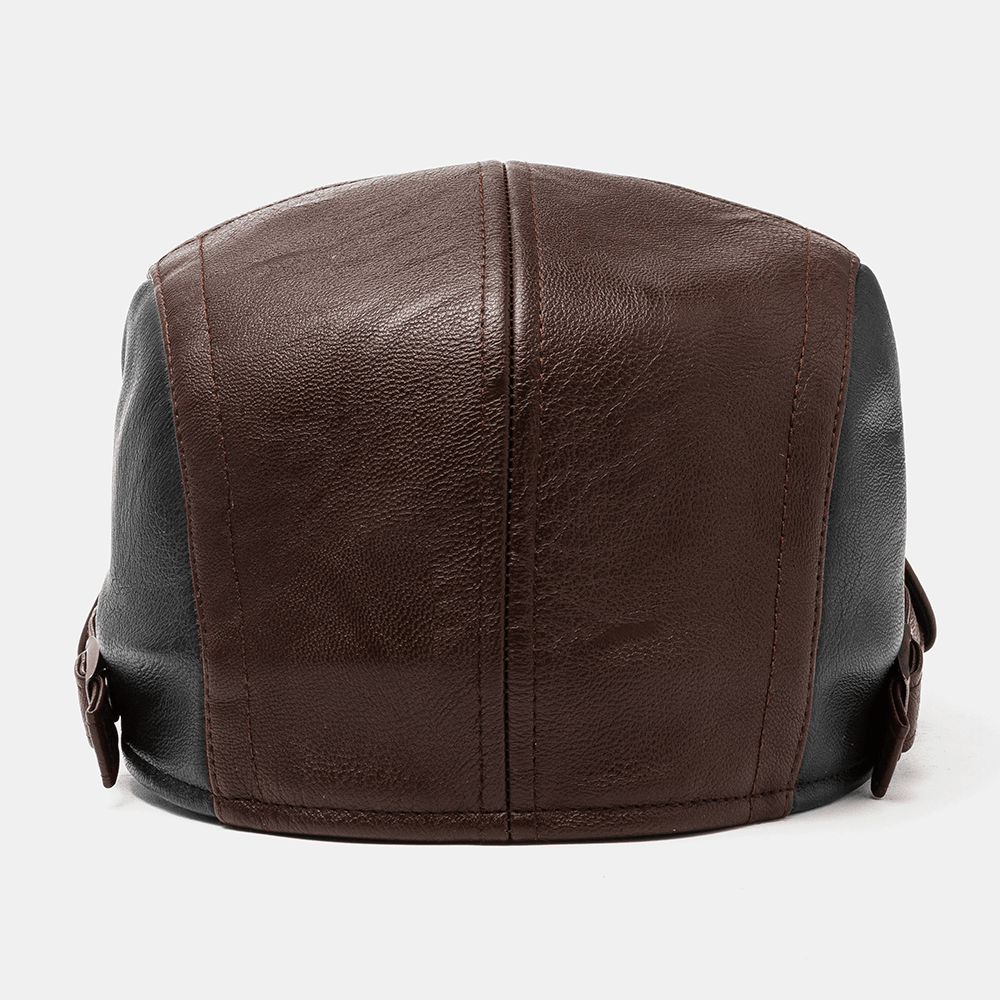 Collrown Men PU Leather Retro Casual Contrast Color Newsboy Hat Forward Hat Beret Hat - MRSLM