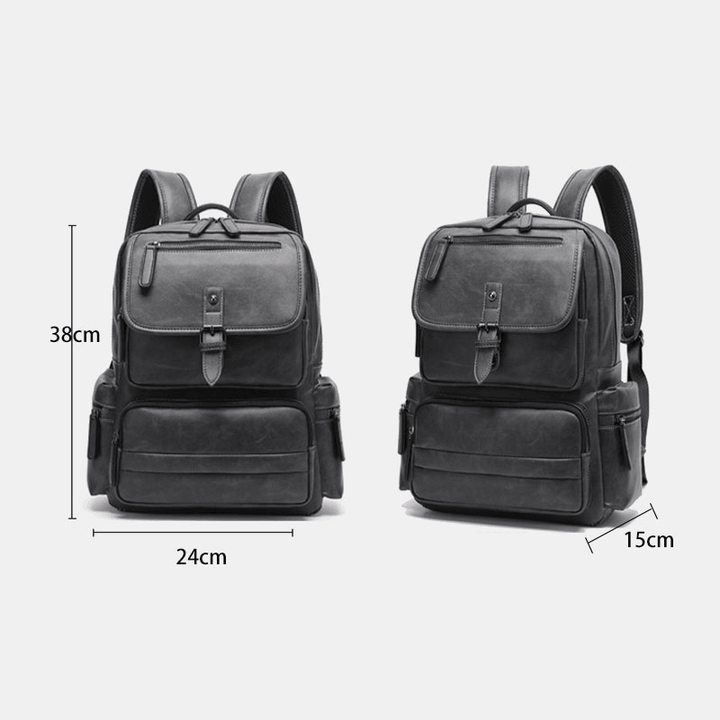 Men PU Leather Large Capacity Multi-Pocket Vintage 14 Inch Laptop Bag Backpack - MRSLM