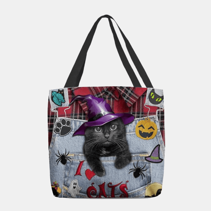 Women Canvas Magic Hat Three-Dimensional 3D Cute Black Cat Handbag Tote Shoulder Bag - MRSLM