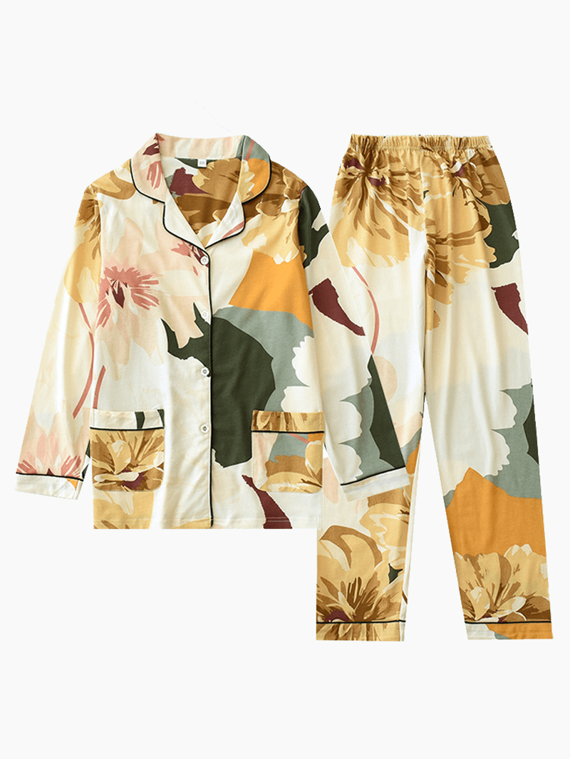 Floral Printed Cotton Long Sleeve Button down Casual Pajama Set - MRSLM