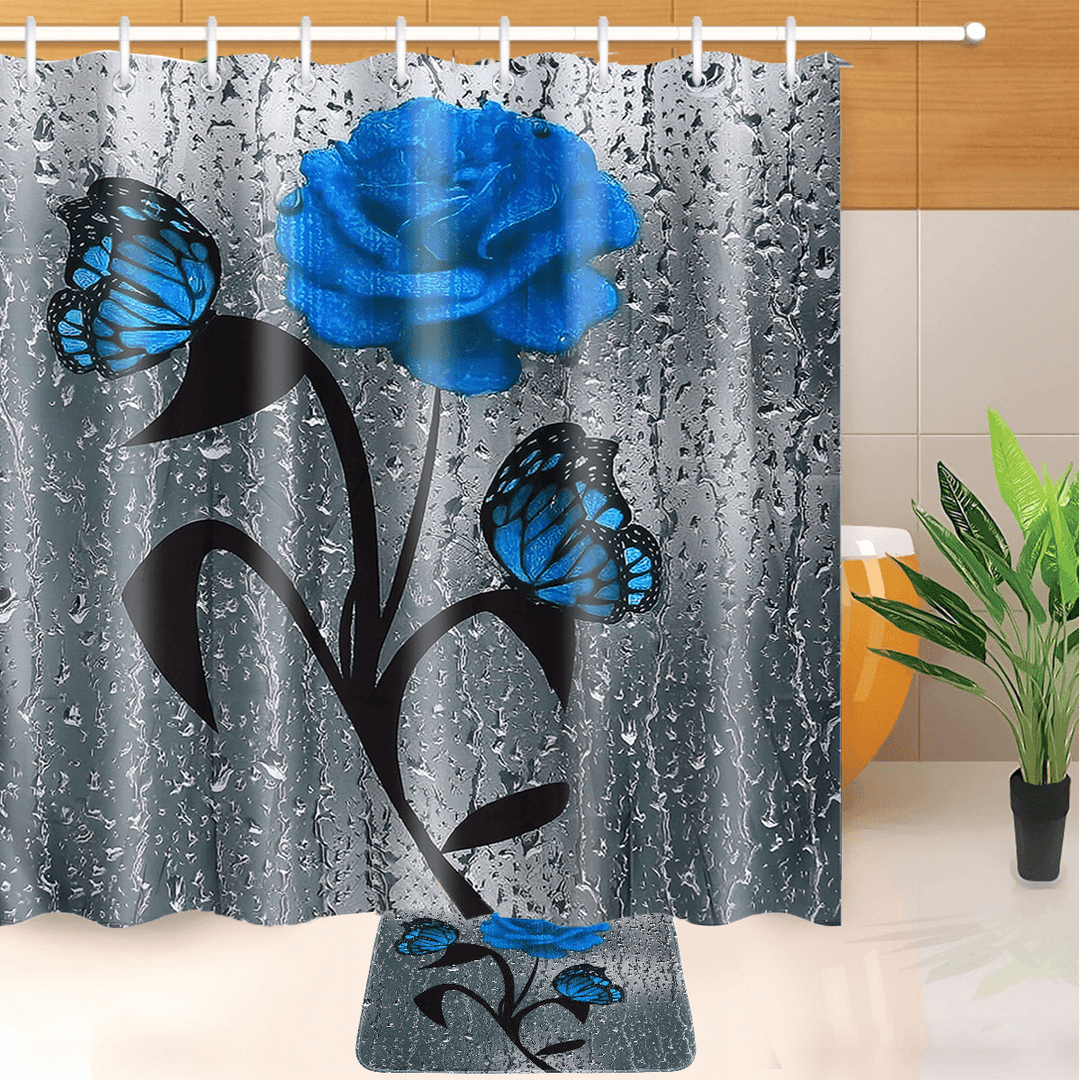 Bathroom Shower Curtain Waterproof Rings Hook Lid Toilet Cover Set 180X180Cm - MRSLM