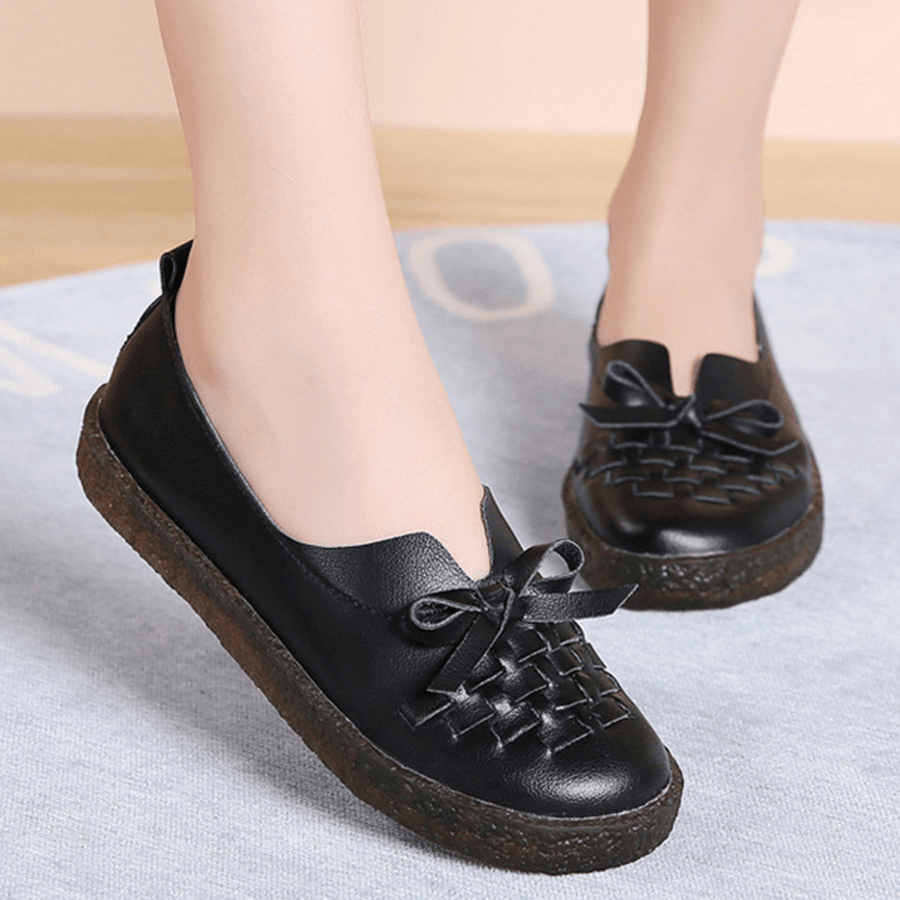 Women'S Leather Slip on Solid Color Woven Bowknot Asakuchi Flats Loafers Shoes - MRSLM