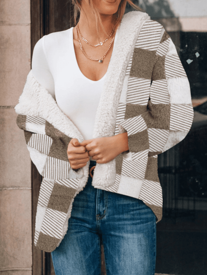 Women Plaid Fleece Hood Long Sleeve Warm Casual Hooded Sweatshirt - MRSLM