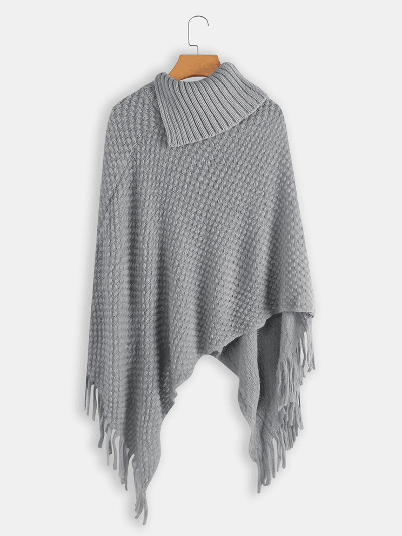 Women Solid Button Irregular Hem Shawl Tassel Sweaters - MRSLM