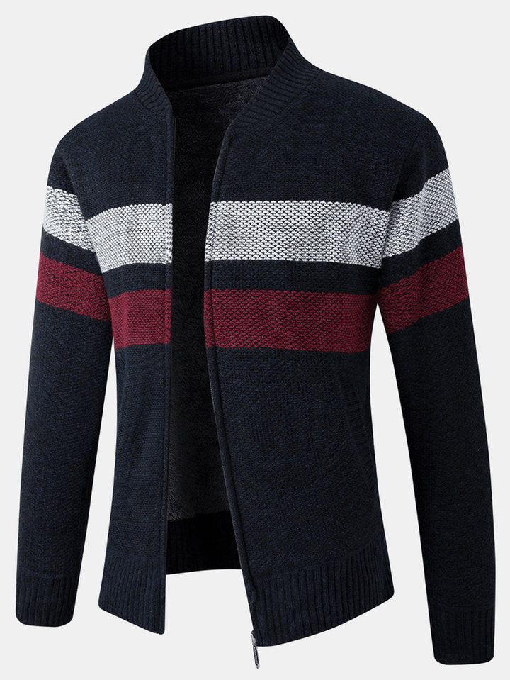 Mens Patchwork Zip Front Rib-Knit Plush Lined Cotton Cardigans with Pocket - MRSLM