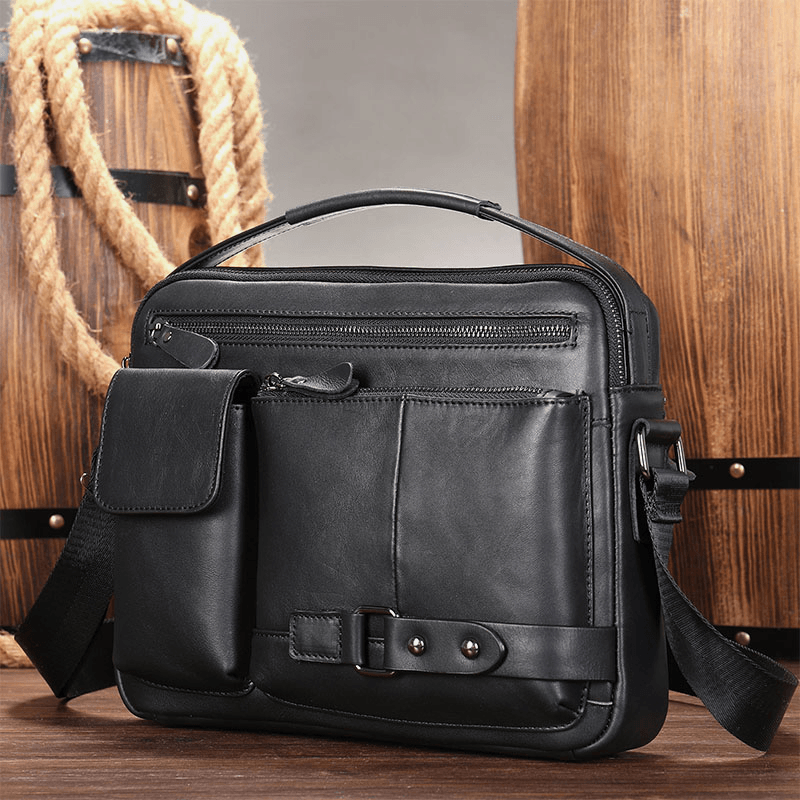 Men Oil Wax Leather Large Capacity Waterproof Messenger Bag Briefcase Multi-Pocket Cowhide Crossbody Bags Shoulder Bag - MRSLM
