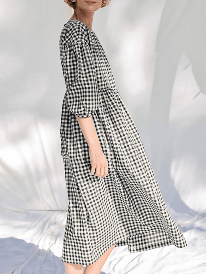 Women Plaid Print Pleated round Neck Casual Half Sleeve Midi Dresses - MRSLM