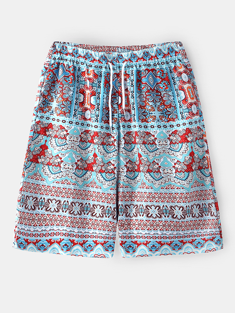 Mens Ethnic Style Print Drawstring Holiday Casual Shorts with Pocket - MRSLM