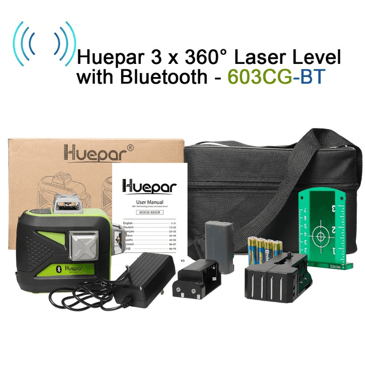 Huepar 603CG BT 3X360° Green Beam 3D Bluetooth Laser Level Self-Leveling Cross Line USB Charge Dry/Li-Ion Battery - MRSLM