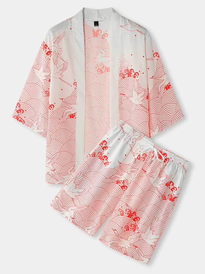 Mens Kimono Crane Propitious Clouds Pattern & Drawstring Two Pieces Outfits - MRSLM