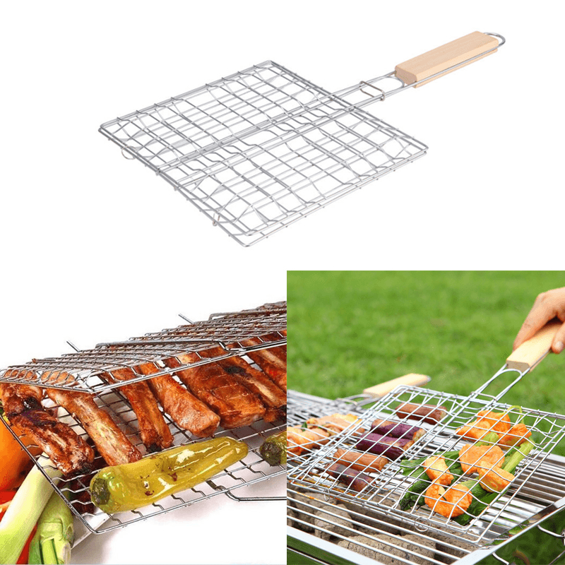 Ipree® Iron Wire Barbecue Grilling Basket BBQ Net Wooden Handle Meat Fish Clip Holder - MRSLM