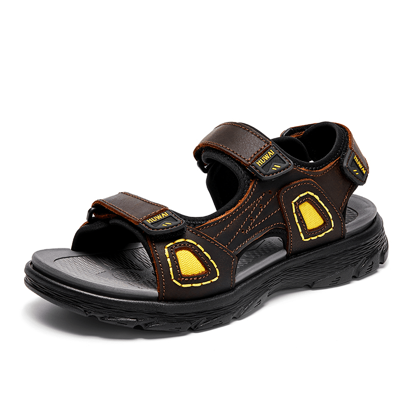 Men Cowhide Breathable Non Slip Opened Beach Casual Outdoor Sandals - MRSLM