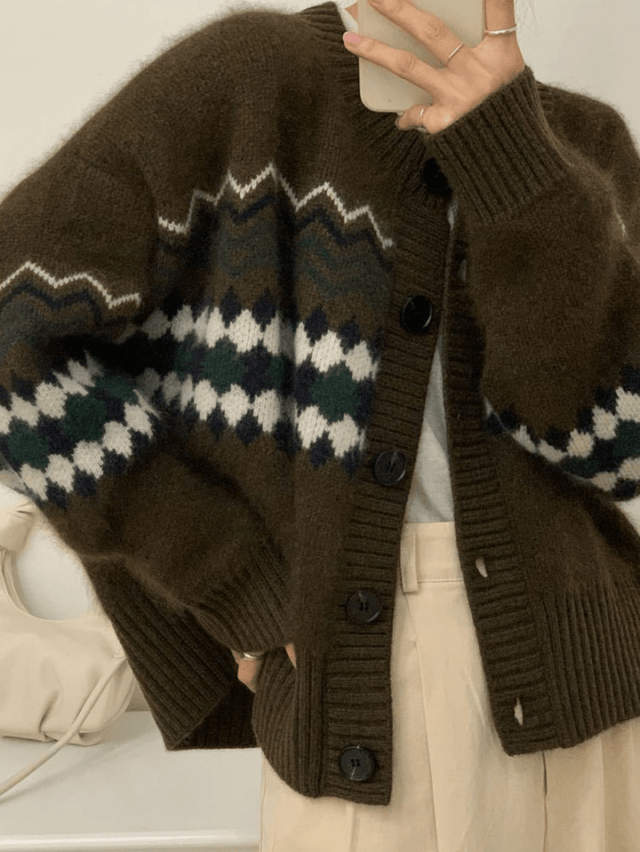 Jacquard Geometric Dark Color O-Neck Knitted Cardigan for Women - MRSLM