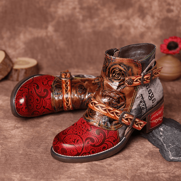 Women Embossed Rose Genuine Leather Splicing Boots - MRSLM