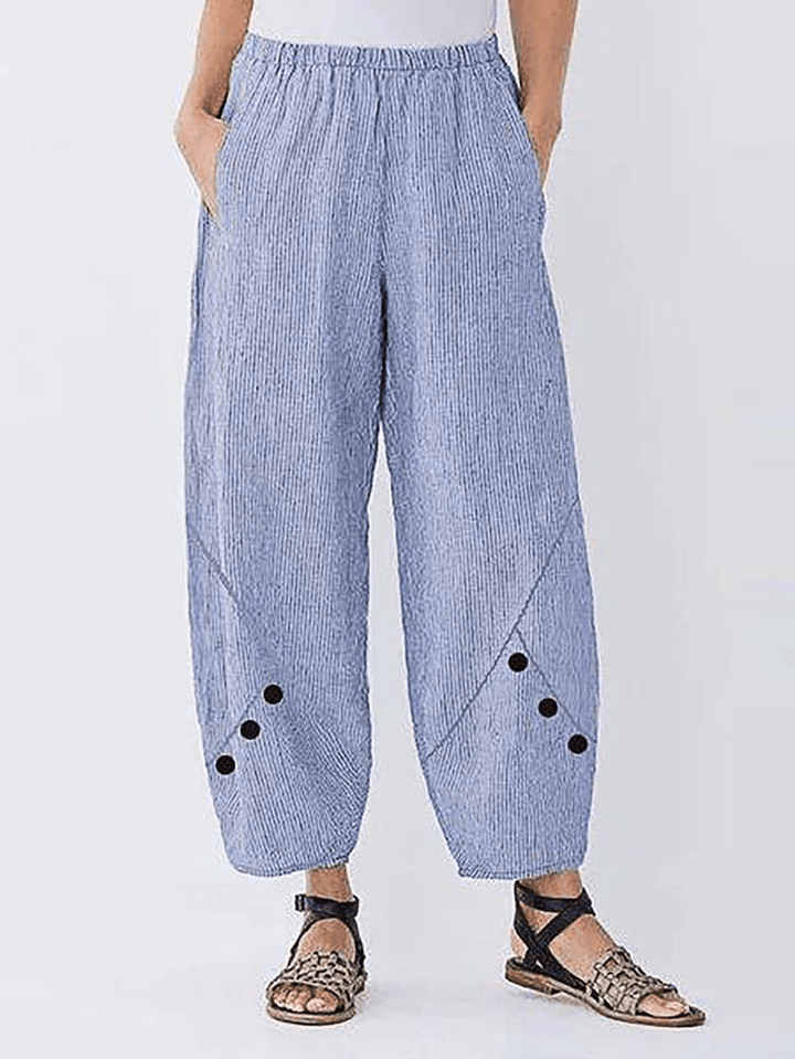 Striped Elastic Waist Side Pocket Harem Button Casual Pants - MRSLM