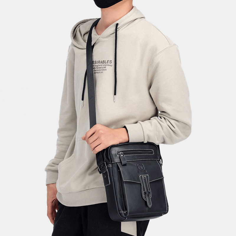 Bullcaptain Men Genuine Leather Multi-Pocket Anti-Theft Crossbody Bag Shoulder Bag - MRSLM