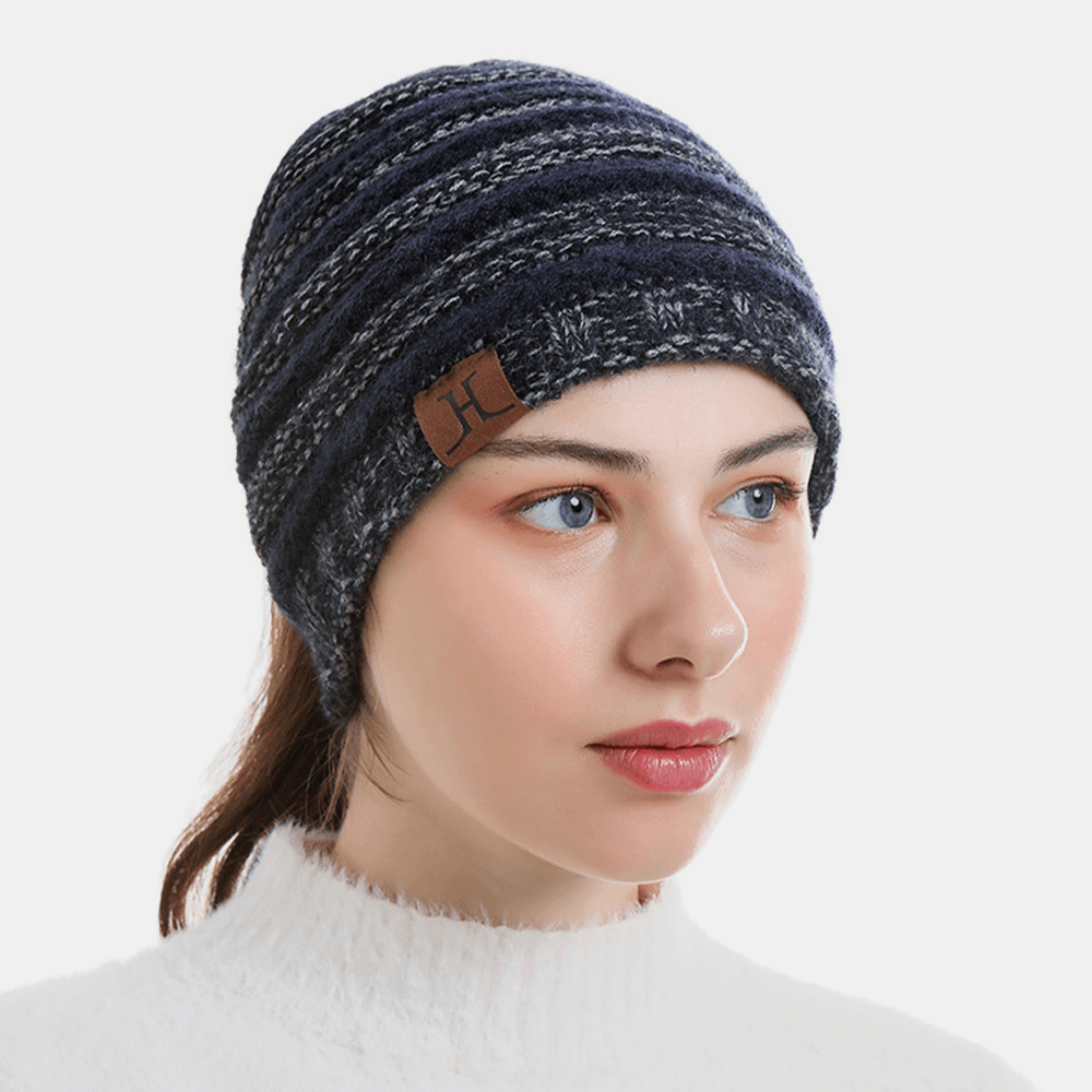 Unisex Wool Stripe Pattern Keep Warm Empty Top Ear Protection Knitted Hat - MRSLM