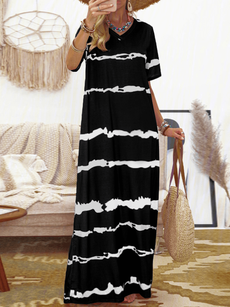 Bohemian Stripe Printed Clash Color Splicing Design V-Neck Dress - MRSLM