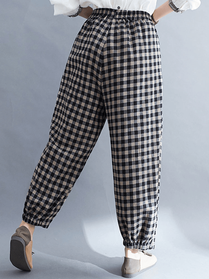 Women Vintage Plaid Wide-Legged Elastic High Waist Side Pocket Ankle Length Harem Pants - MRSLM